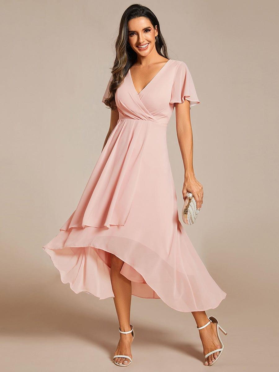 V-Neck Flutter Sleeve Chiffon High Low Midi Dress Wedding Guest 39