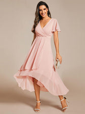 V-Neck Flutter Sleeve Chiffon High Low Midi Dress Wedding Guest 39