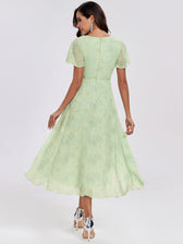 V-Neck Flutter Sleeve Chiffon High Low Midi Dress Wedding Guest