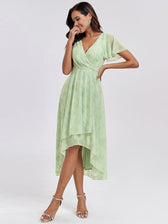 V-Neck Flutter Sleeve Chiffon High Low Midi Dress Wedding Guest