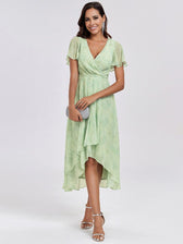 V-Neck Flutter Sleeve Chiffon High Low Midi Dress Wedding Guest