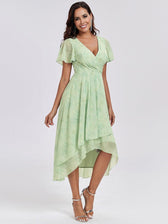 V-Neck Flutter Sleeve Chiffon High Low Midi Dress Wedding Guest
