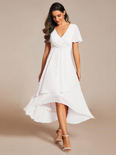 V-Neck Flutter Sleeve Chiffon High Low Midi Dress Wedding Guest