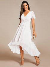 V-Neck Flutter Sleeve Chiffon High Low Midi Dress Wedding Guest