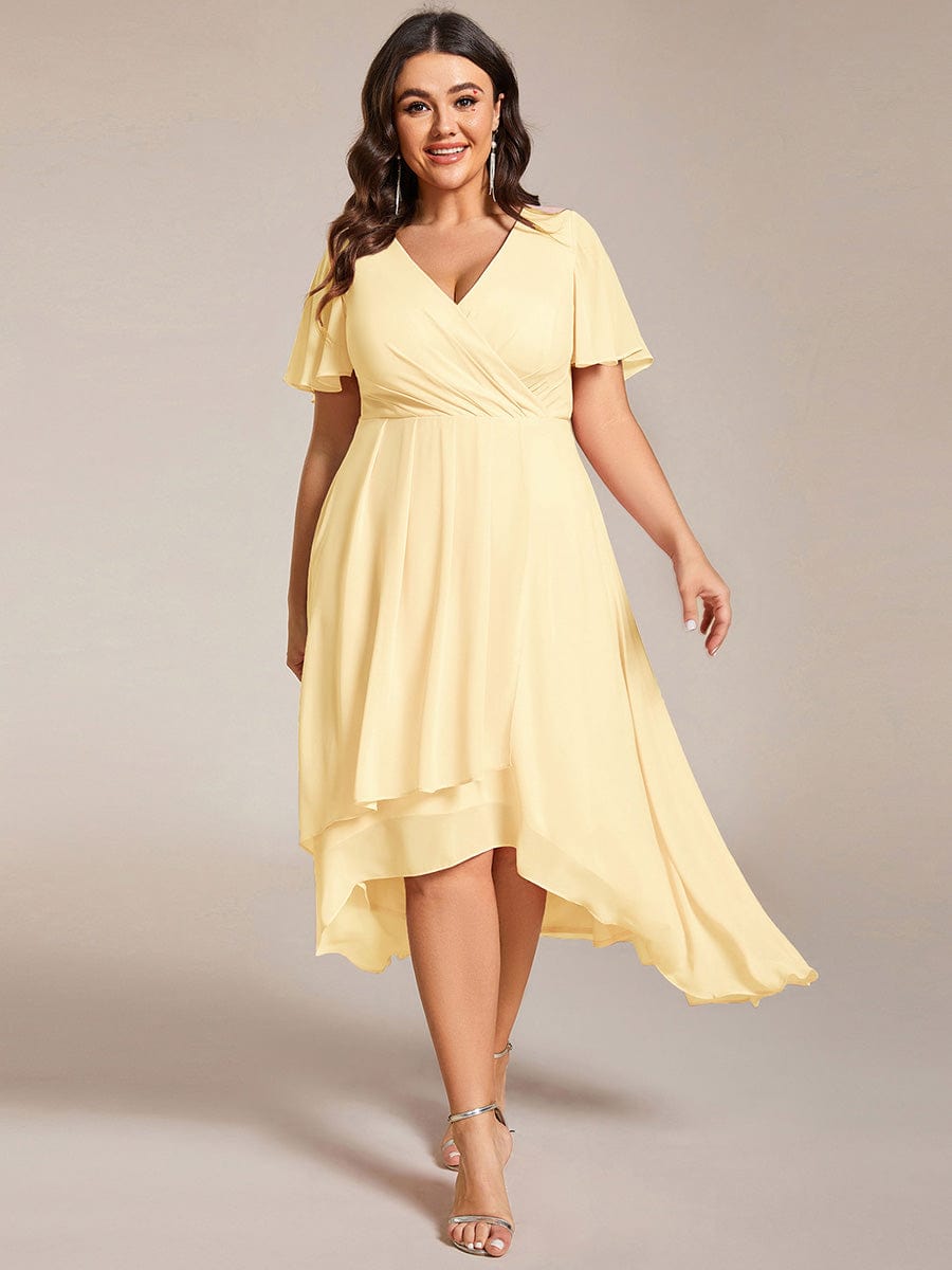 V-Neck Flutter Sleeve Chiffon High Low Midi Dress Wedding Guest