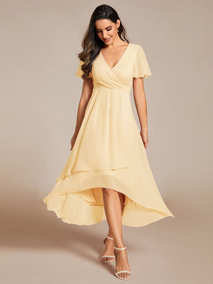 V-Neck Flutter Sleeve Chiffon High Low Midi Dress Wedding Guest