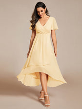 V-Neck Flutter Sleeve Chiffon High Low Midi Dress Wedding Guest