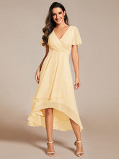 V-Neck Flutter Sleeve Chiffon High Low Midi Dress Wedding Guest
