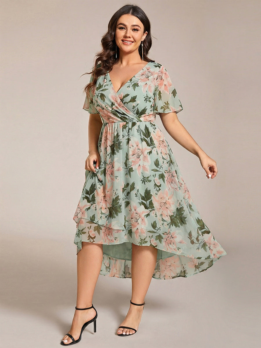 V-Neck Flutter Sleeve Chiffon High Low Midi Dress Wedding Guest