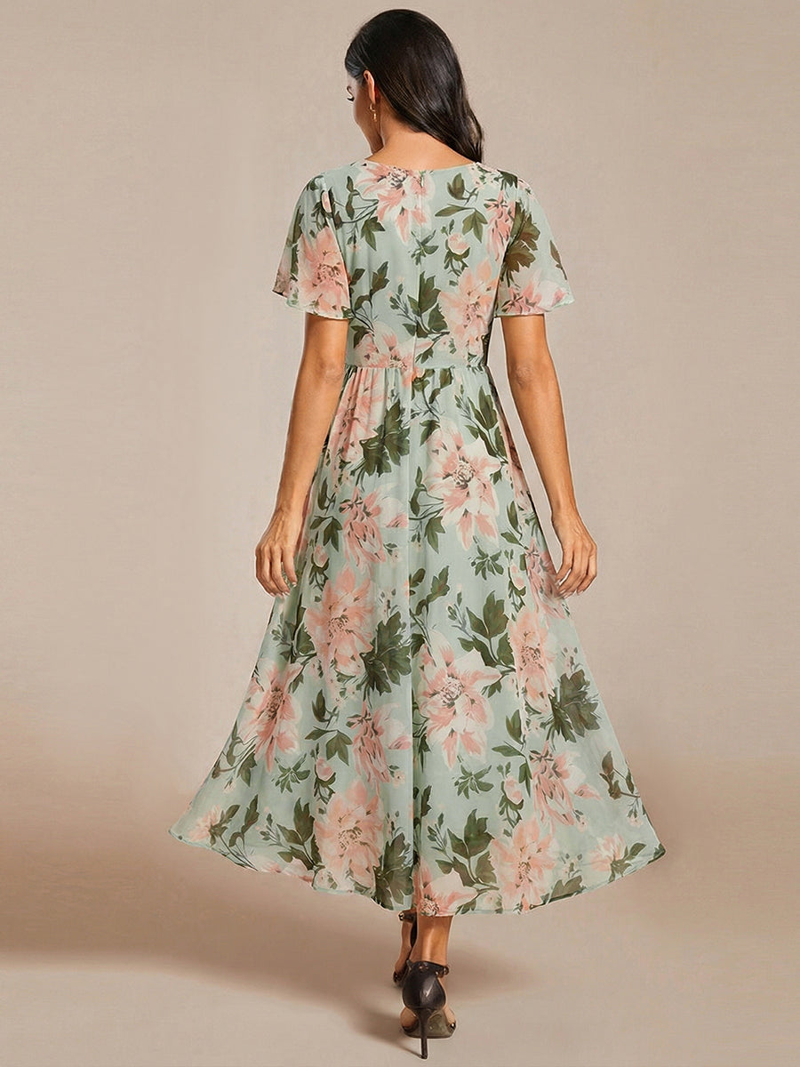 V-Neck Flutter Sleeve Chiffon High Low Midi Dress Wedding Guest