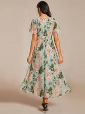 V-Neck Flutter Sleeve Chiffon High Low Midi Dress Wedding Guest