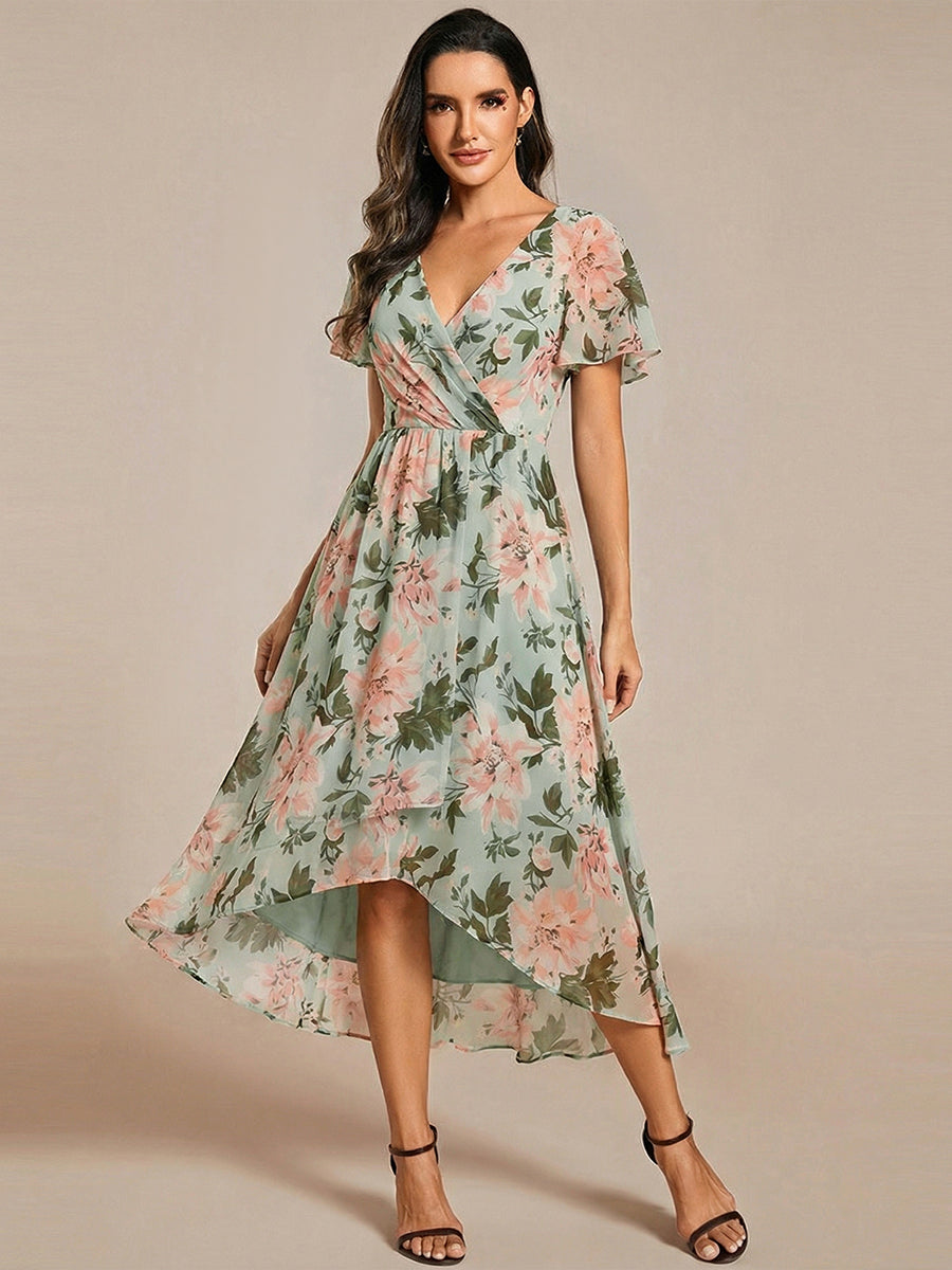 V-Neck Flutter Sleeve Chiffon High Low Midi Dress Wedding Guest