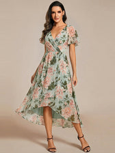 V-Neck Flutter Sleeve Chiffon High Low Midi Dress Wedding Guest