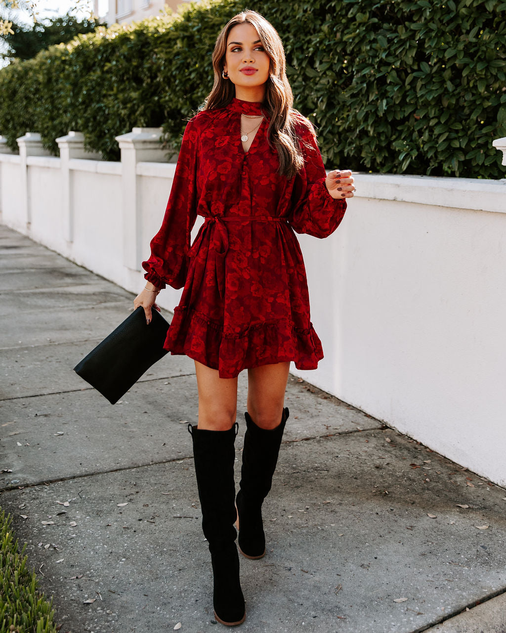 Mazy Pocketed Floral Keyhole Dress Wine