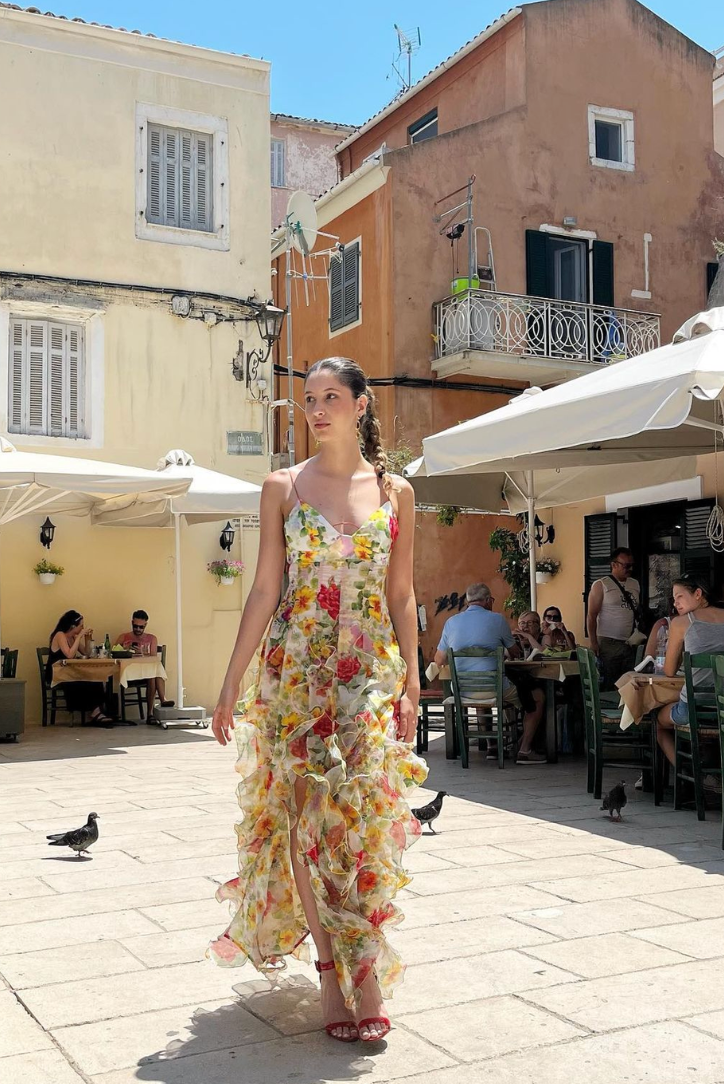 Floral Chiffon Spaghetti Strap Cut Out Back Tiered Ruffle Maxi Dress 5