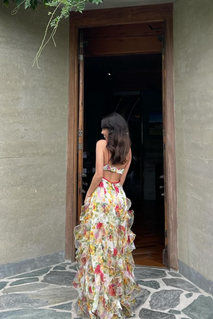 Floral Chiffon Spaghetti Strap Cut Out Back Tiered Ruffle Maxi Dress 6