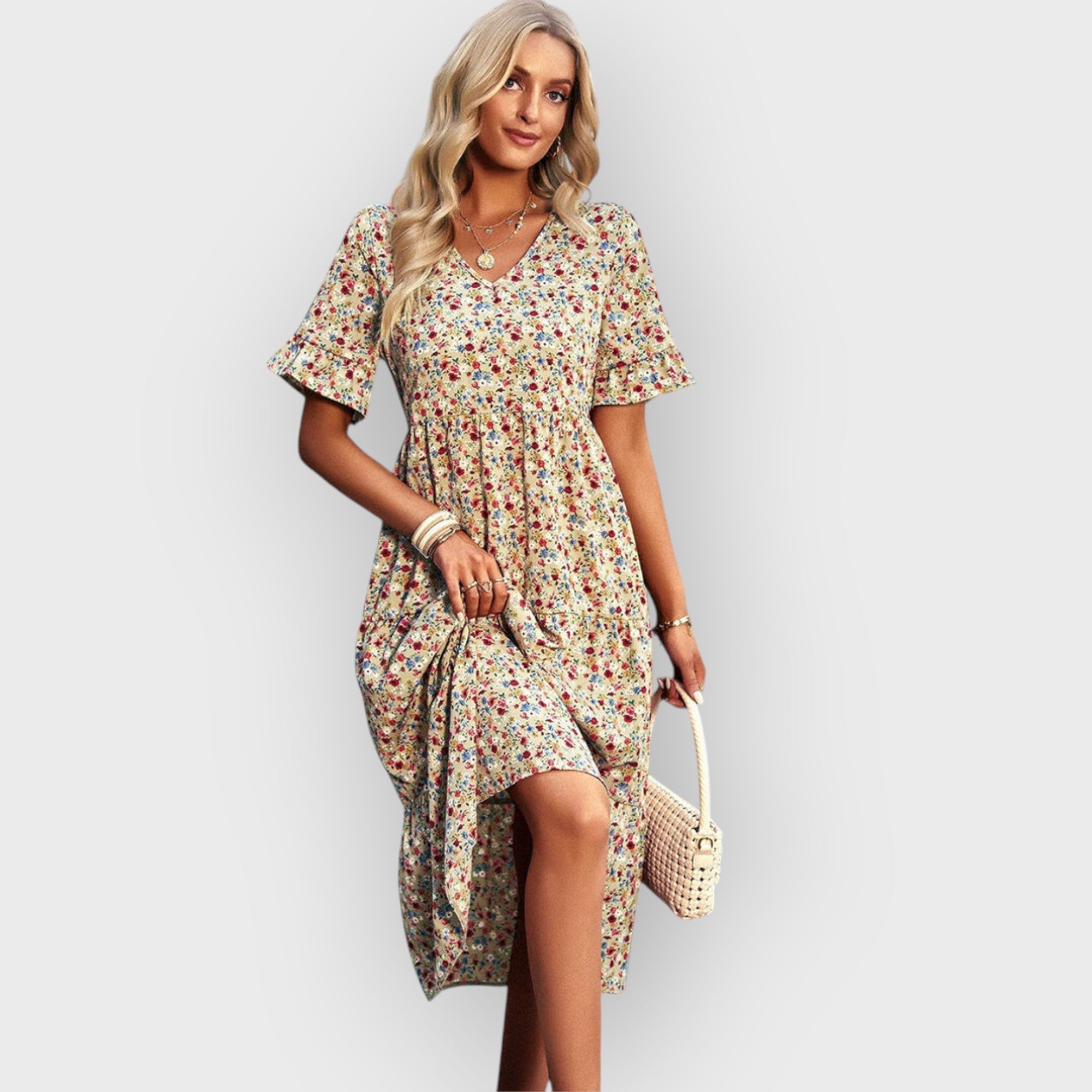 Amara | Floral Summer Midi Dress Apricot