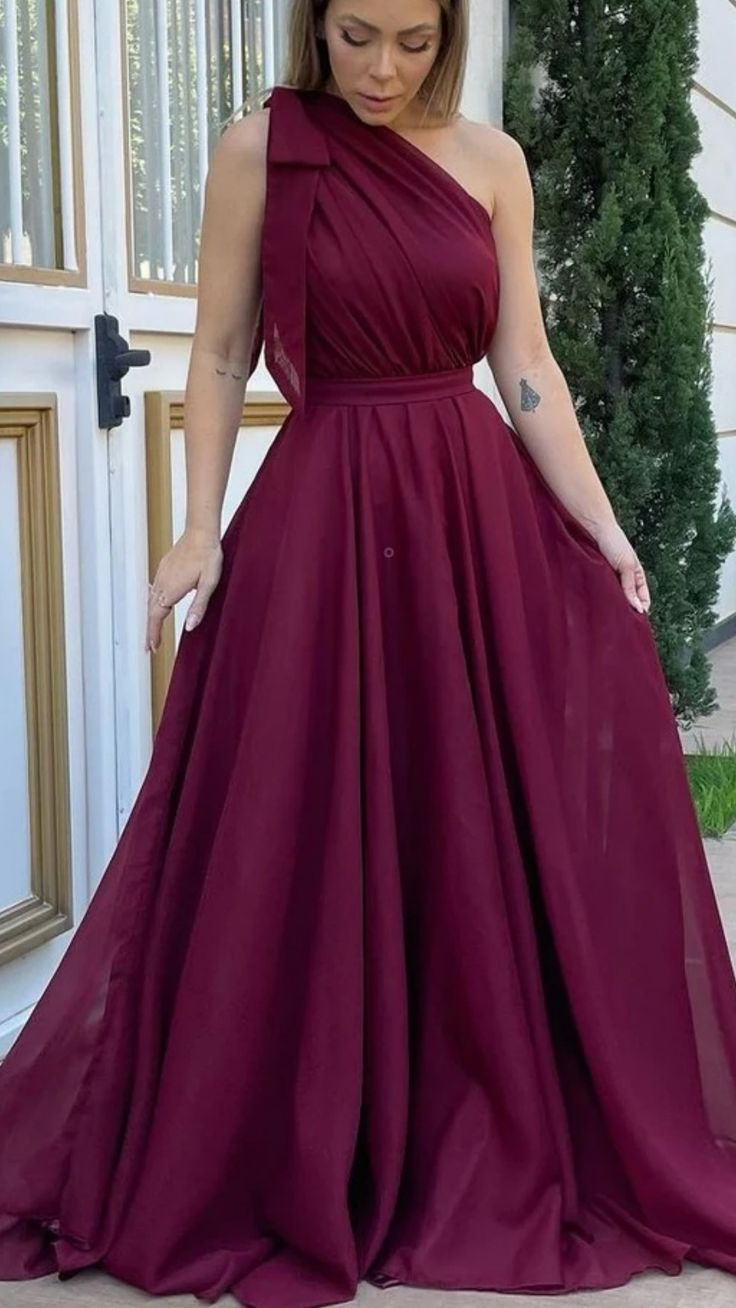 One Shoulder Maroon Chiffon Long Prom Dresses, One Shoulder Formal Evening Dresses cc783