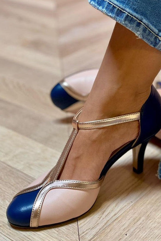 Round Toe T-Strap Contrast Cap Toe Stiletto Pumps