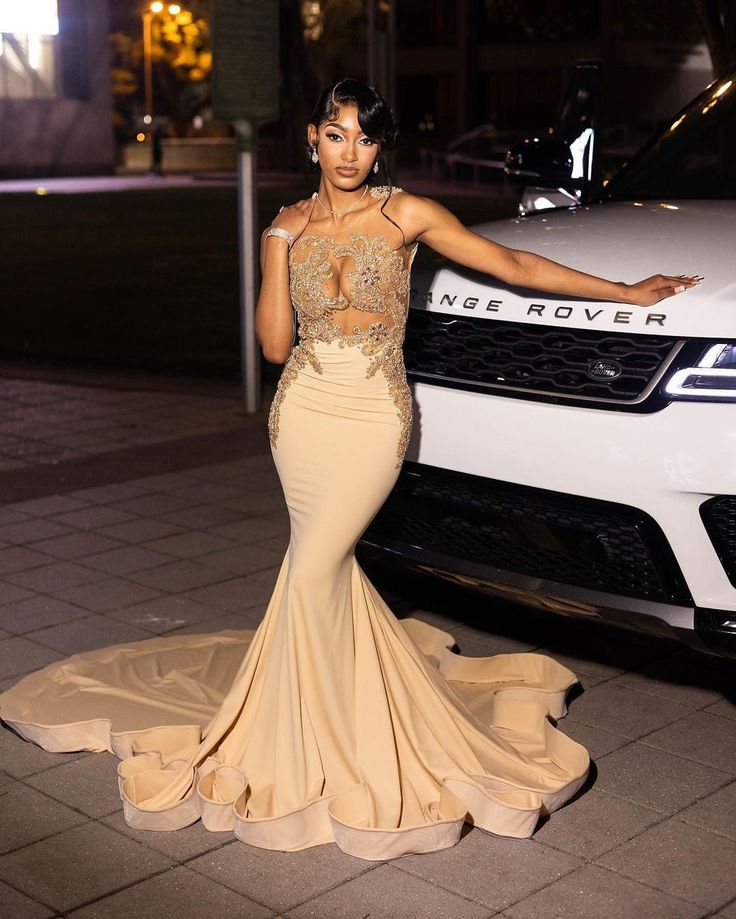 Beautiful Long Champagne Mermaid Sleeveless Beading Evening Dress With Lace cc984