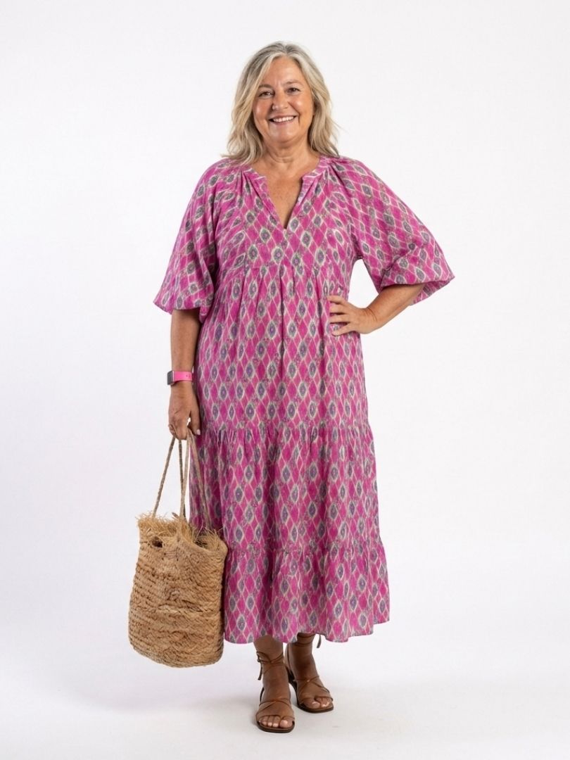 Lattice Print V-Neck Puff Sleeve Tiered Maxi Dress