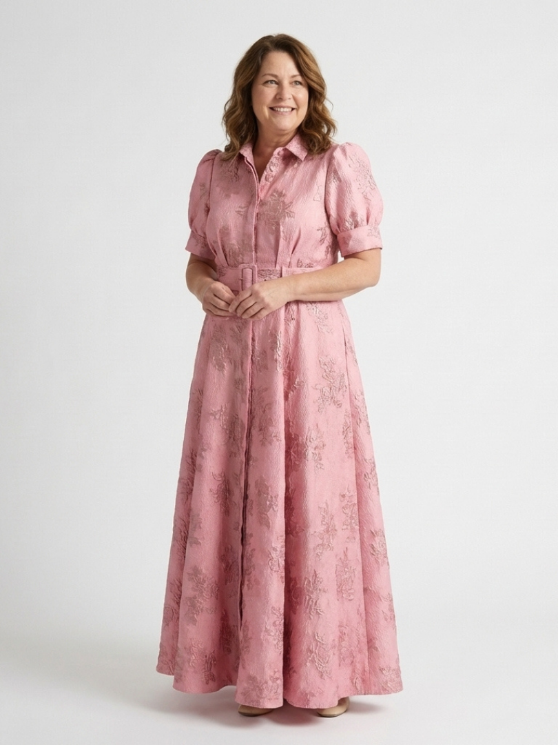 Floral Textured Collared Short Puff Sleeve Belted Maxi Shirt Dress