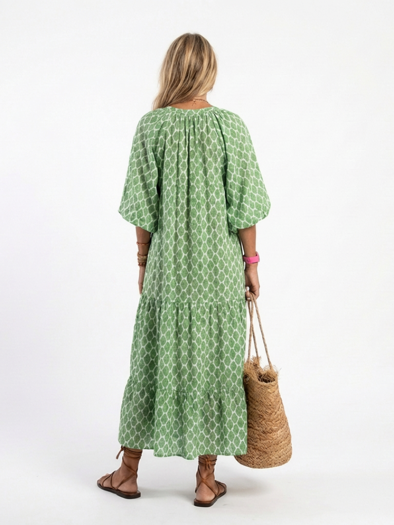 Lattice Print V-Neck Puff Sleeve Tiered Maxi Dress