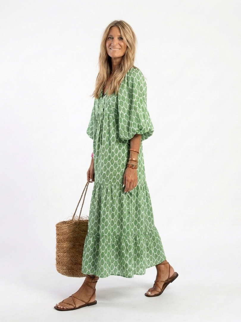 Geometric Print V-Neck Puff Sleeve Tiered Maxi Dress