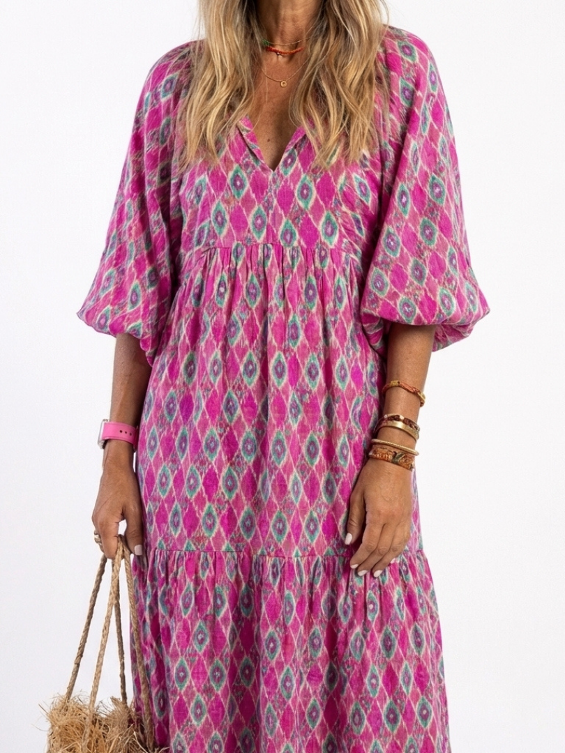 Lattice Print V-Neck Puff Sleeve Tiered Maxi Dress