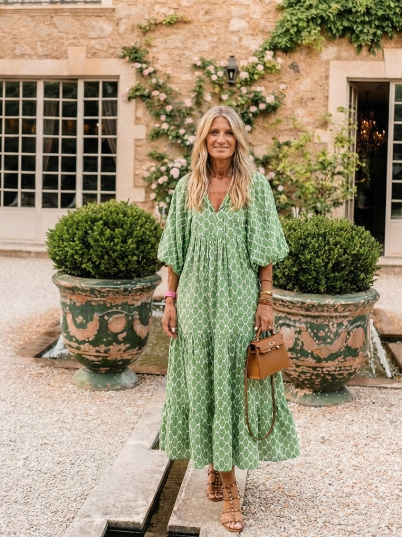 Lattice Print V-Neck Puff Sleeve Tiered Maxi Dress
