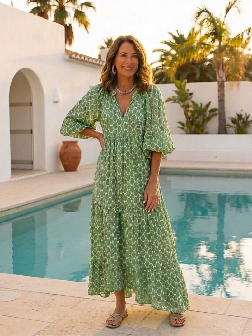 Geometric Print V-Neck Puff Sleeve Tiered Maxi Dress