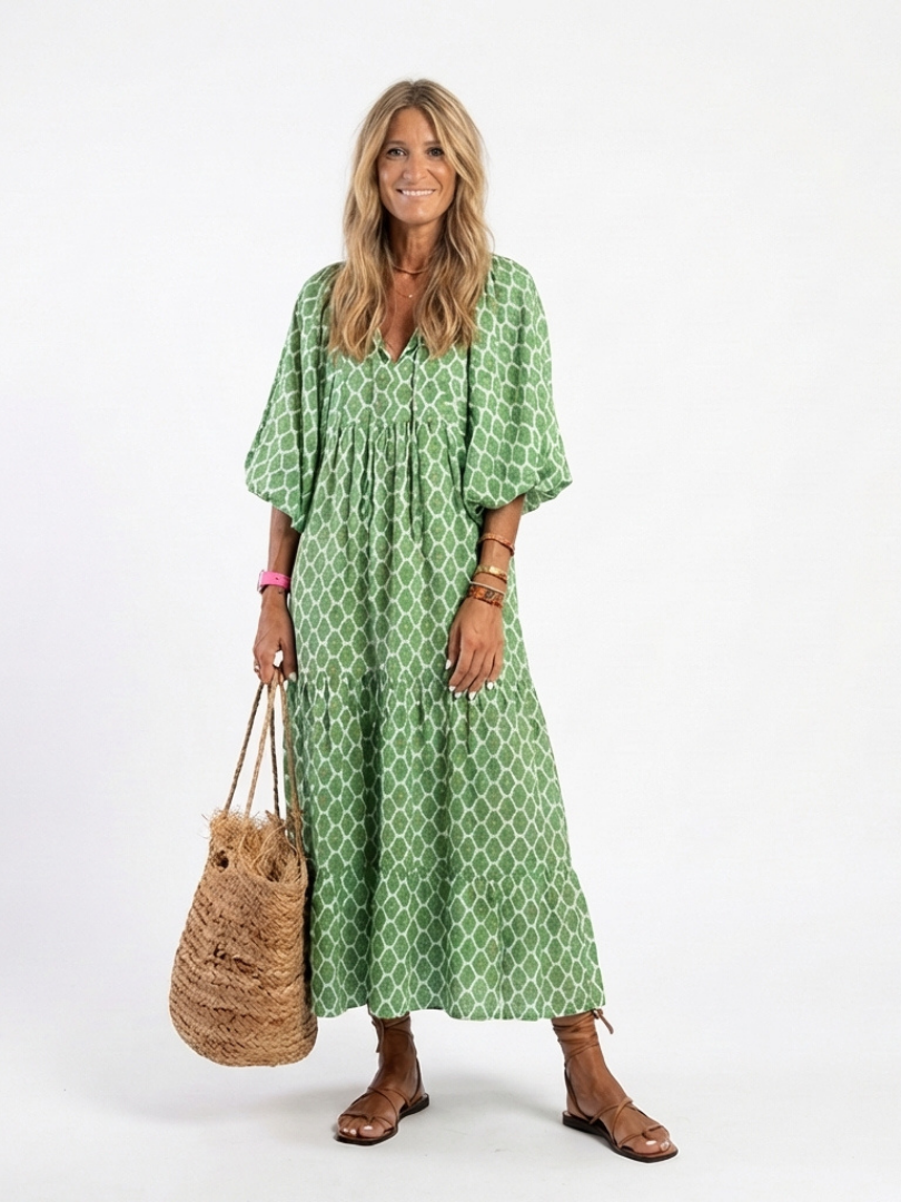 Geometric Print V-Neck Puff Sleeve Tiered Maxi Dress