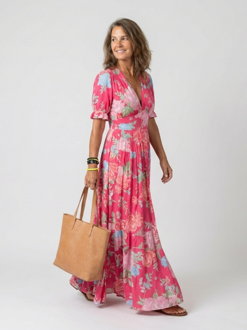 Floral Deep V-Neck Puff Sleeve Tiered Maxi Dress