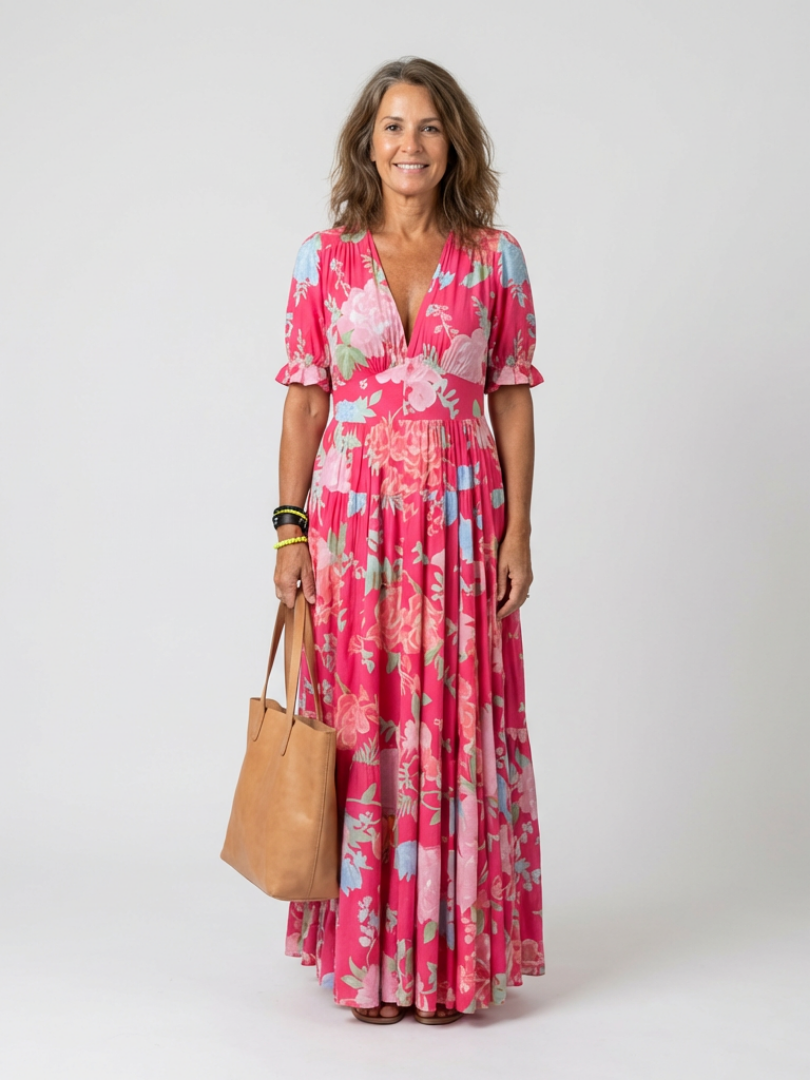Floral Deep V-Neck Puff Sleeve Tiered Maxi Dress