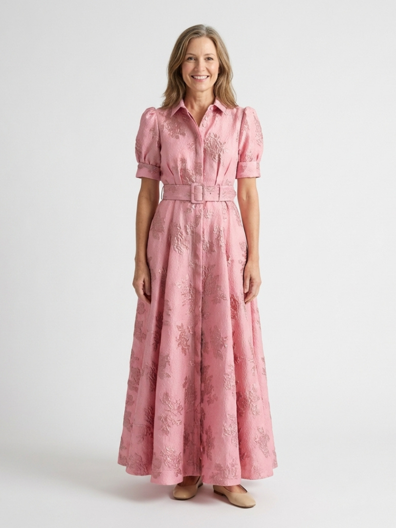 Floral Textured Collared Short Puff Sleeve Belted Maxi Shirt Dress