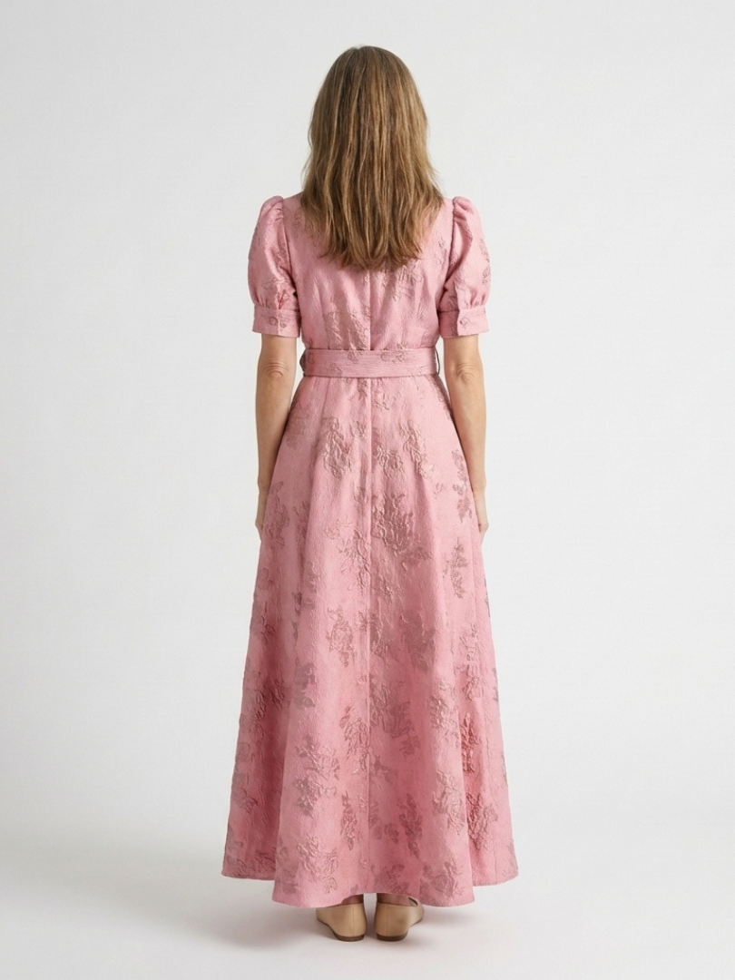 Floral Textured Collared Short Puff Sleeve Belted Maxi Shirt Dress