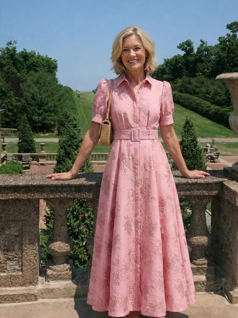 Floral Textured Collared Short Puff Sleeve Belted Maxi Shirt Dress