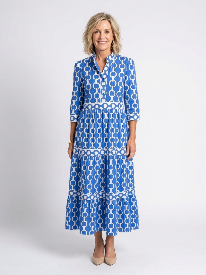 Chain Print Long Sleeve Tiered Midi Shirt Dress