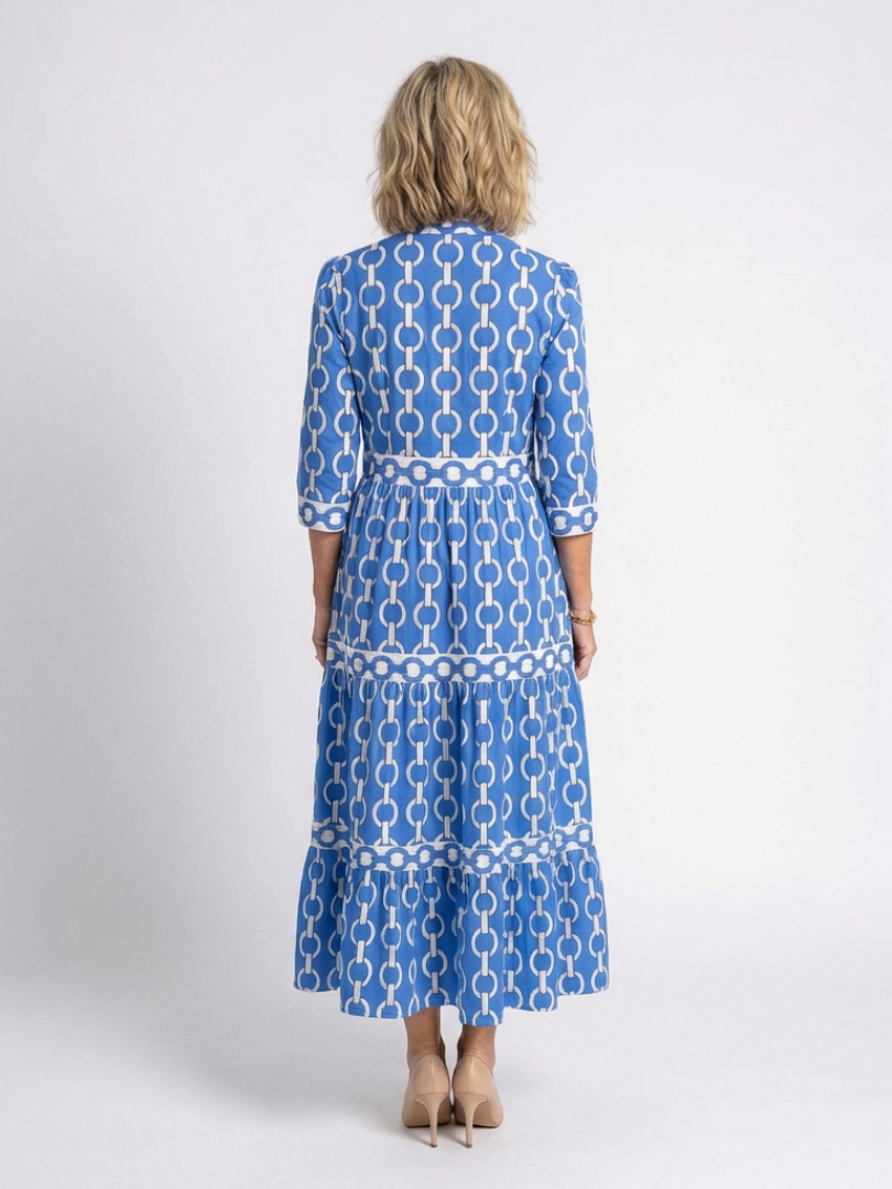 Chain Print Long Sleeve Tiered Midi Shirt Dress