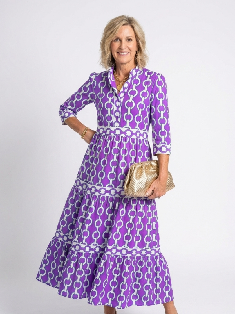 Chain Print Long Sleeve Tiered Midi Shirt Dress