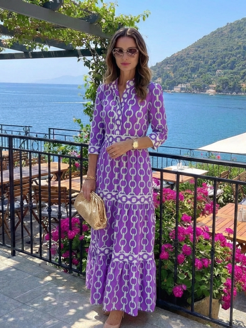 Ysolde - Chain Pattern Midi Dress with 3/4 Sleeves