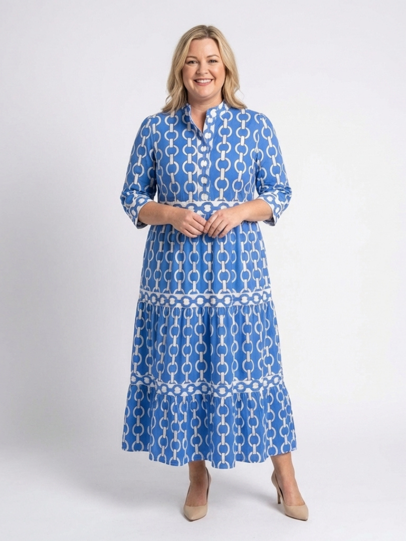 Ysolde - Chain Pattern Midi Dress with 3/4 Sleeves