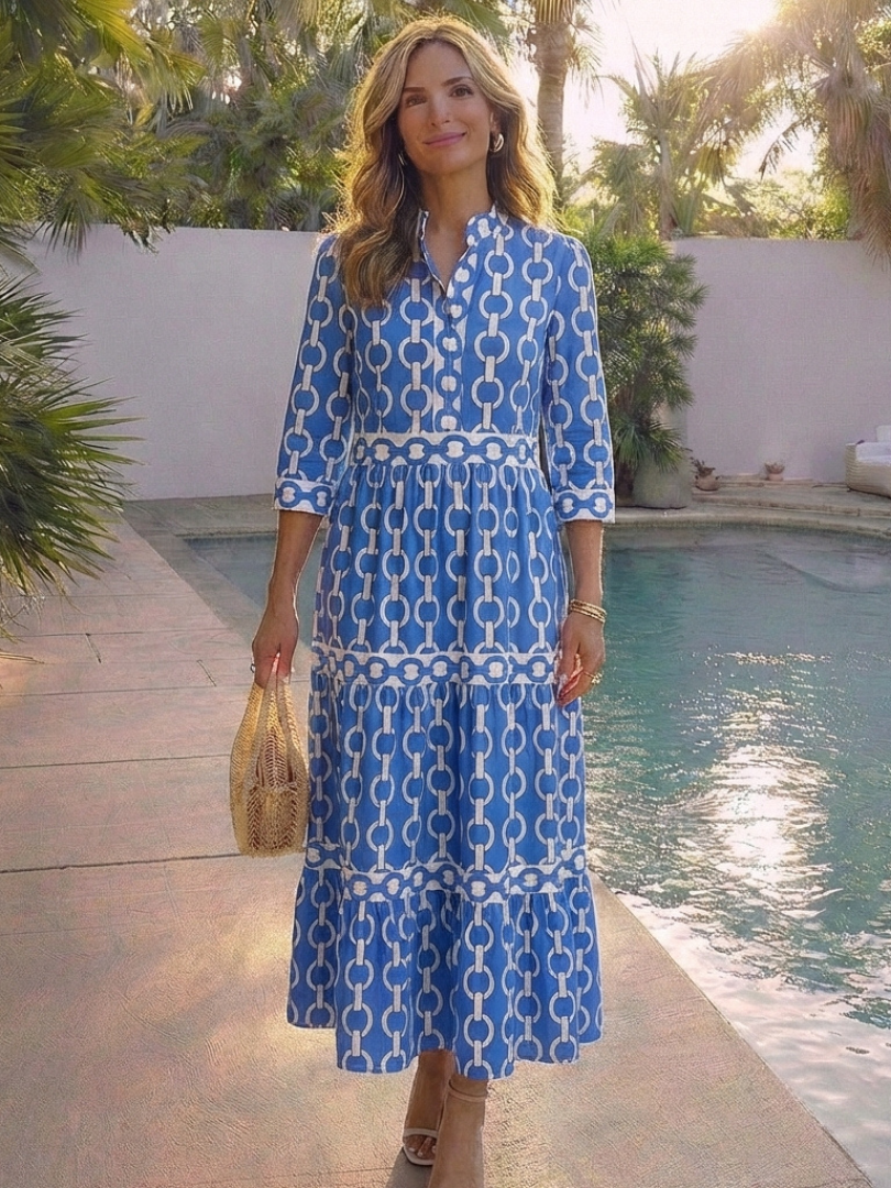Chain Print Long Sleeve Tiered Midi Shirt Dress