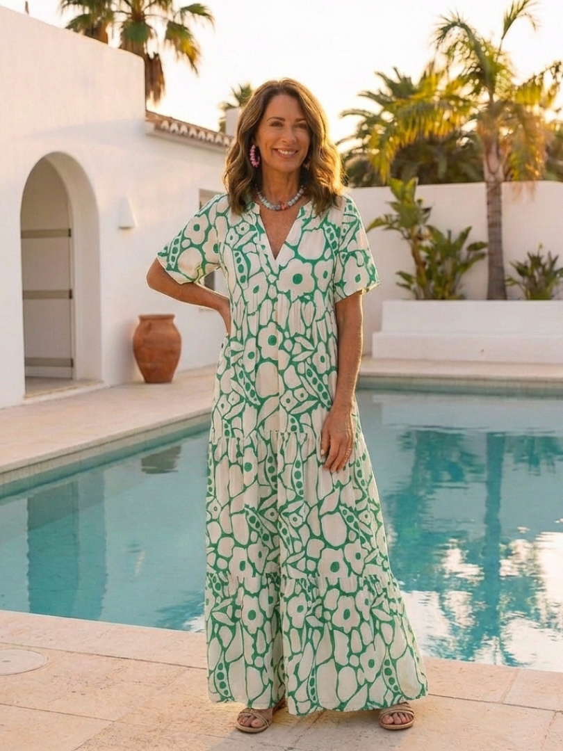 Floral Print V-Neck Short Sleeve Tiered Maxi Dress