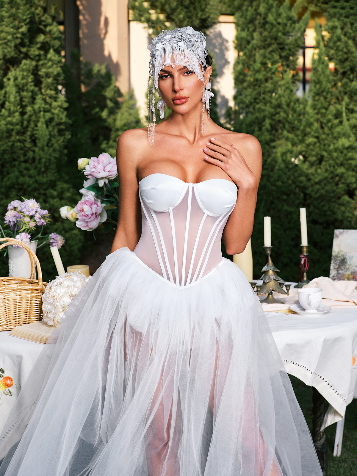 Strapless Corset Mesh Maxi Dress - View 5
