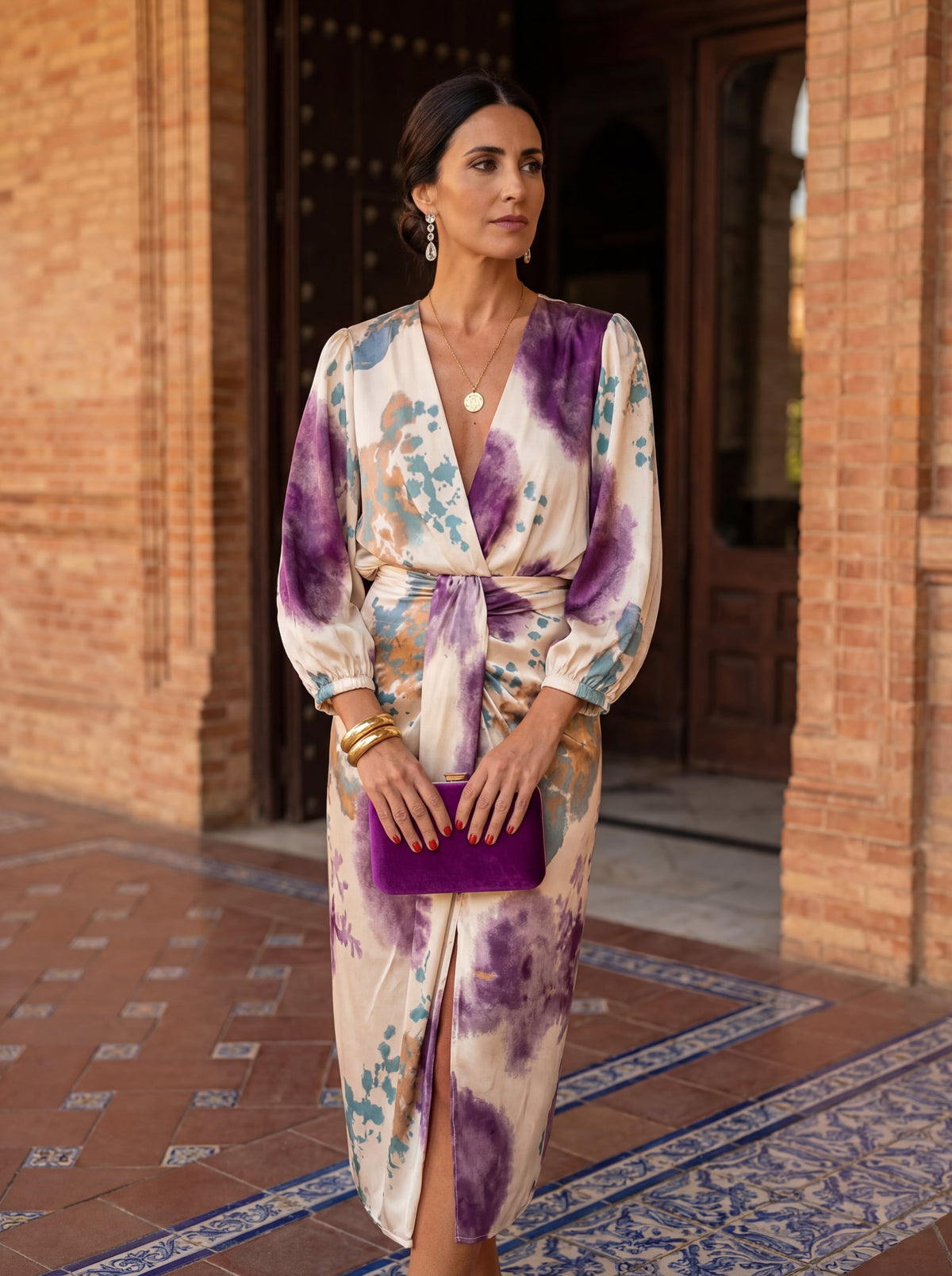 Floral Print V-Neck Long Sleeve Wrap Midi Dress