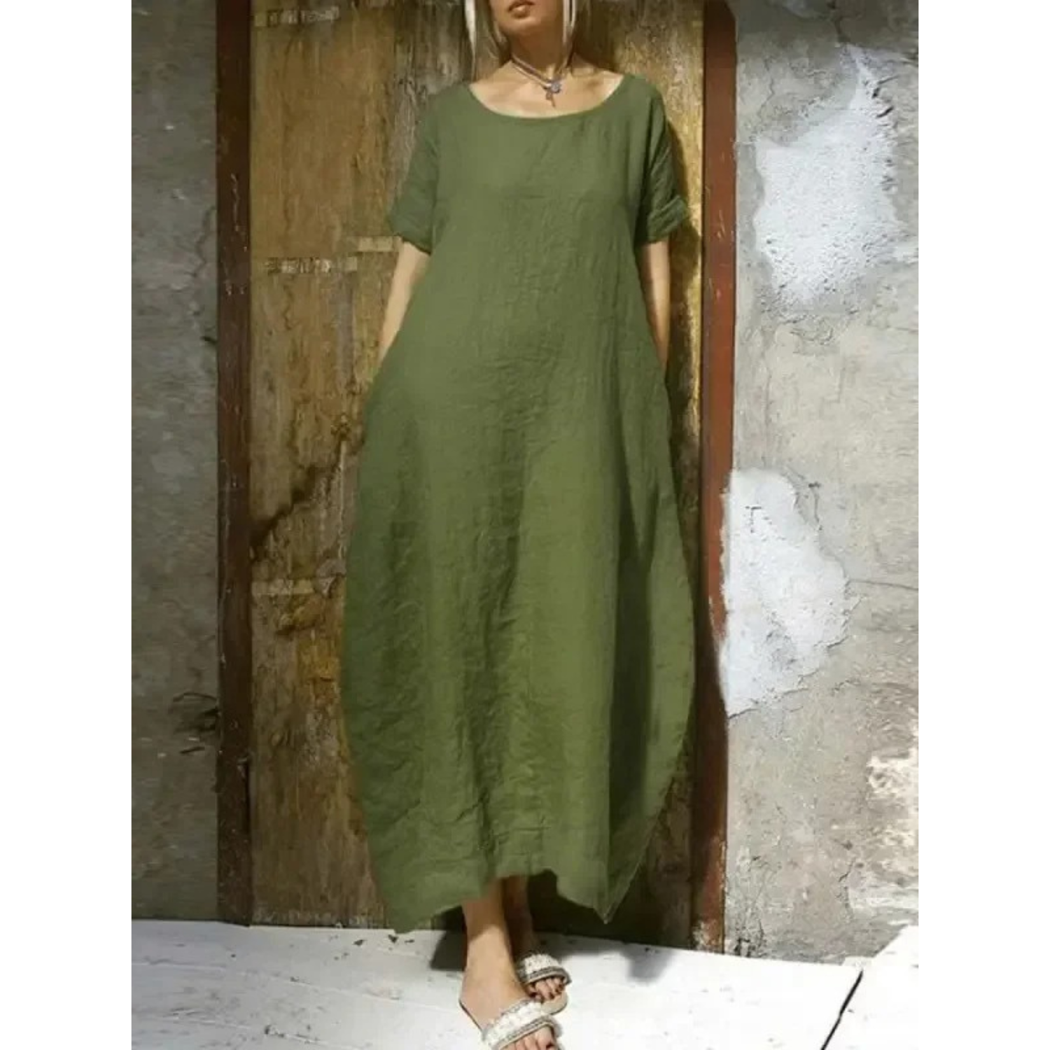 Round Neck Short Sleeve Pocket Relaxed Cocoon Maxi Dress