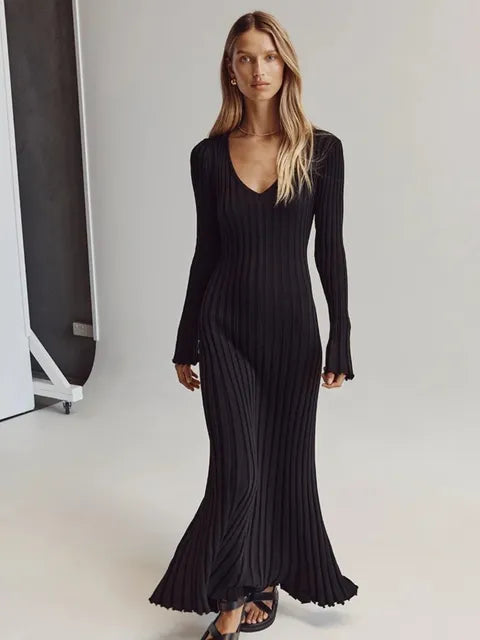 Inaki Chic Midi Dress with a Ribbed V-neck for Women Modern Outfit