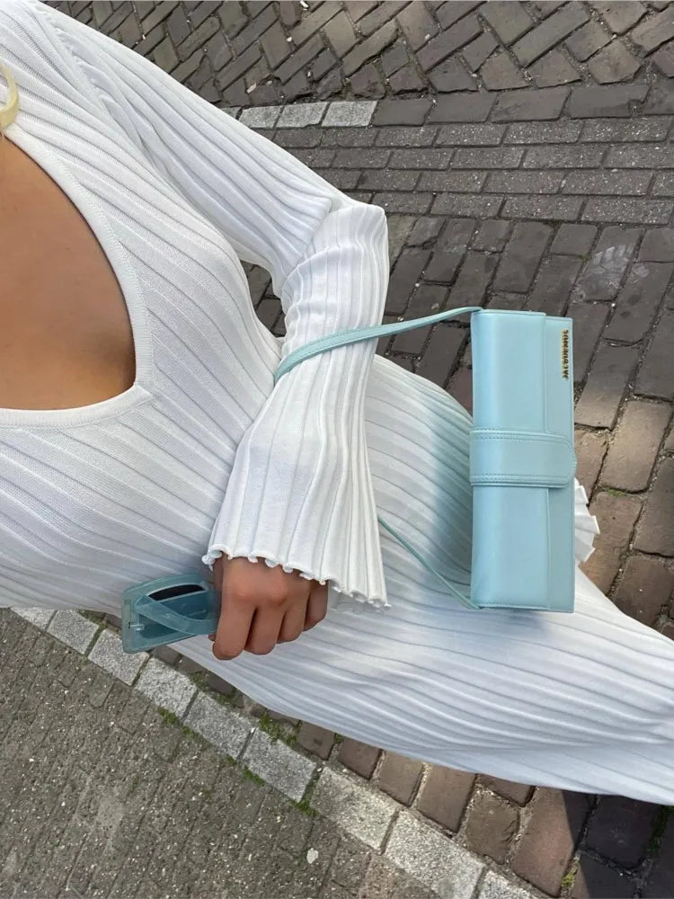 Inaki Chic Midi Dress with a Ribbed V-neck for Women Modern Outfit