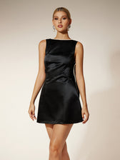 Backless Pearl Bow Satin Dress - View 6
